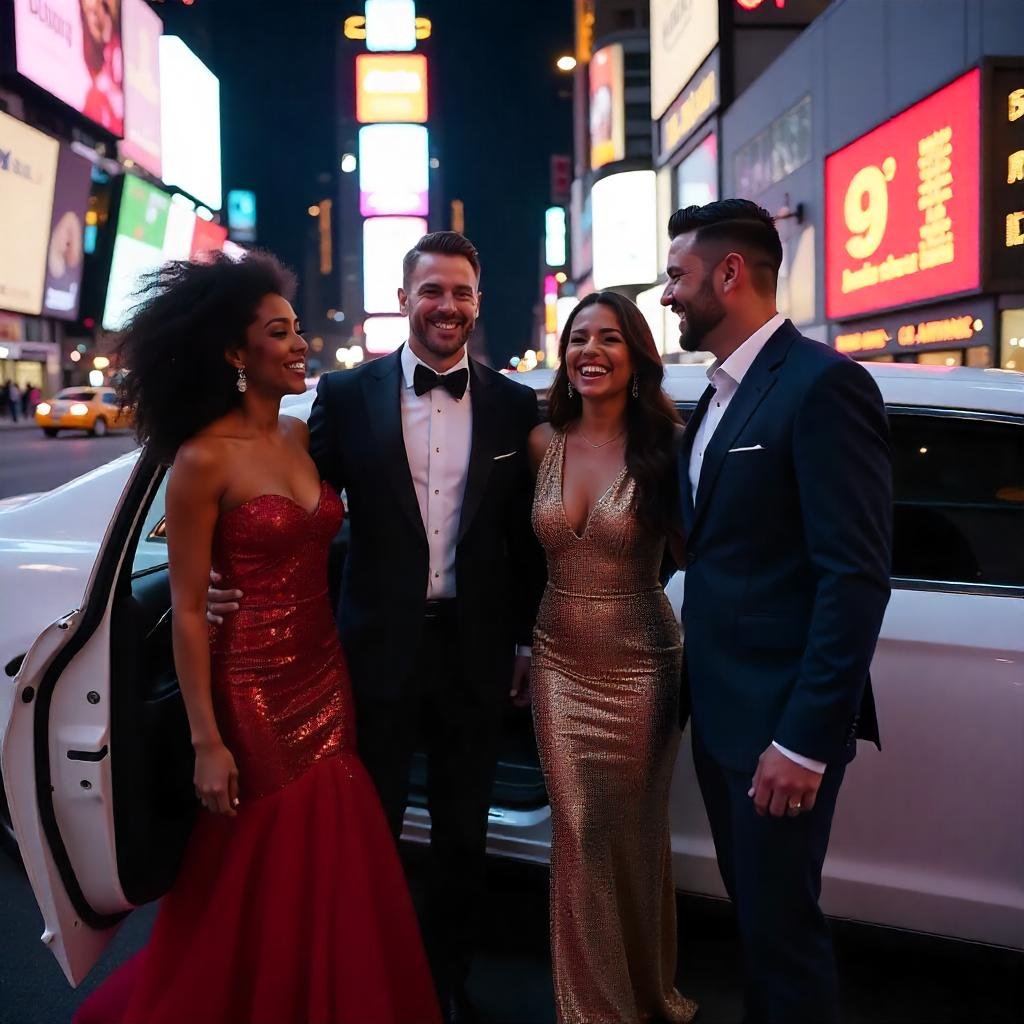 Group on their way to private event in limousine